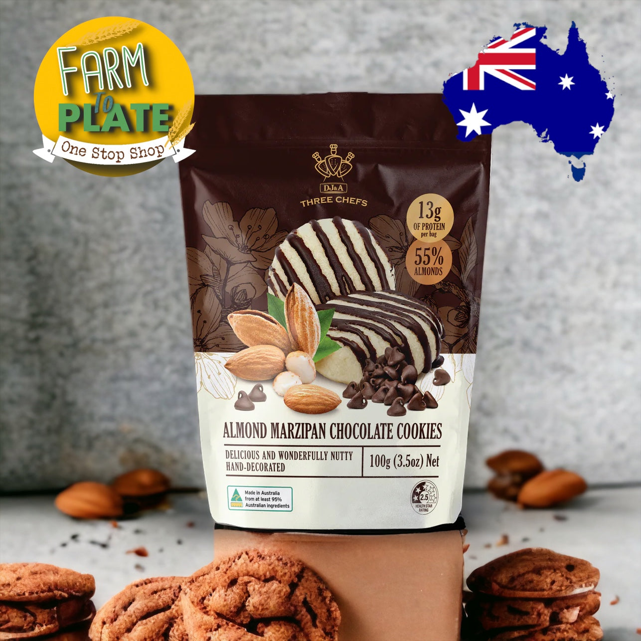 【FARM TO PLATE】DJ&A Almond Marzipan Chocolate Cookies 100g / Australia Healthy Natural Snacks / No MSG / No GMO