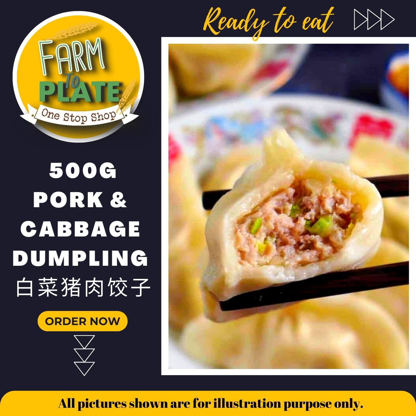 【FARM TO PLATE】500g Frozen Pork & Cabbage Dumplings (Approx. 20pc) / 白菜猪肉饺子